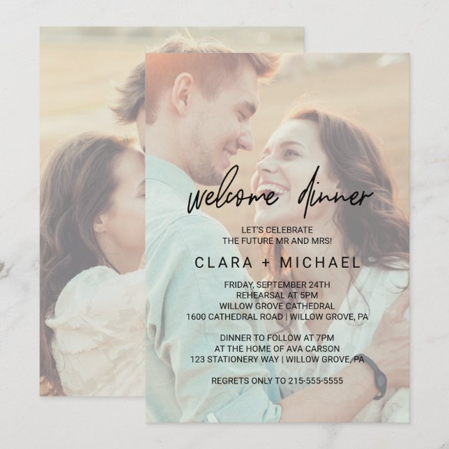 Whimsical Calligraphy Faded Photo Welcome Dinner Invitation (Front/Back)