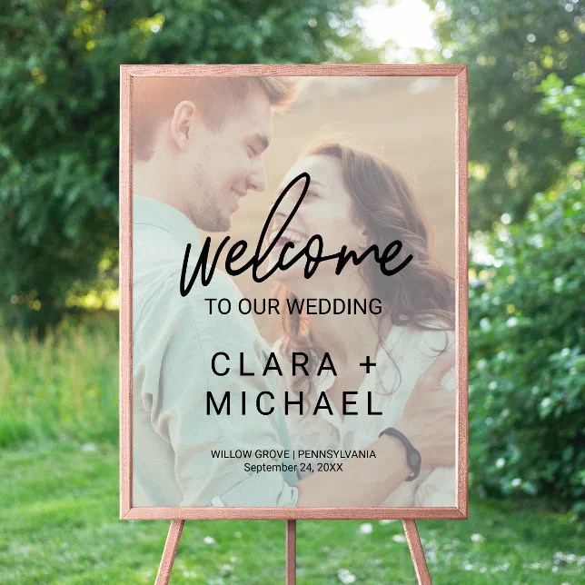 Whimsical Calligraphy Faded Photo Welcome Wedding Poster | Zazzle