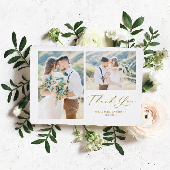 Whimsical Calligraphy Gold Photo Collage Wedding Thank You Card by misstallulah at Zazzle