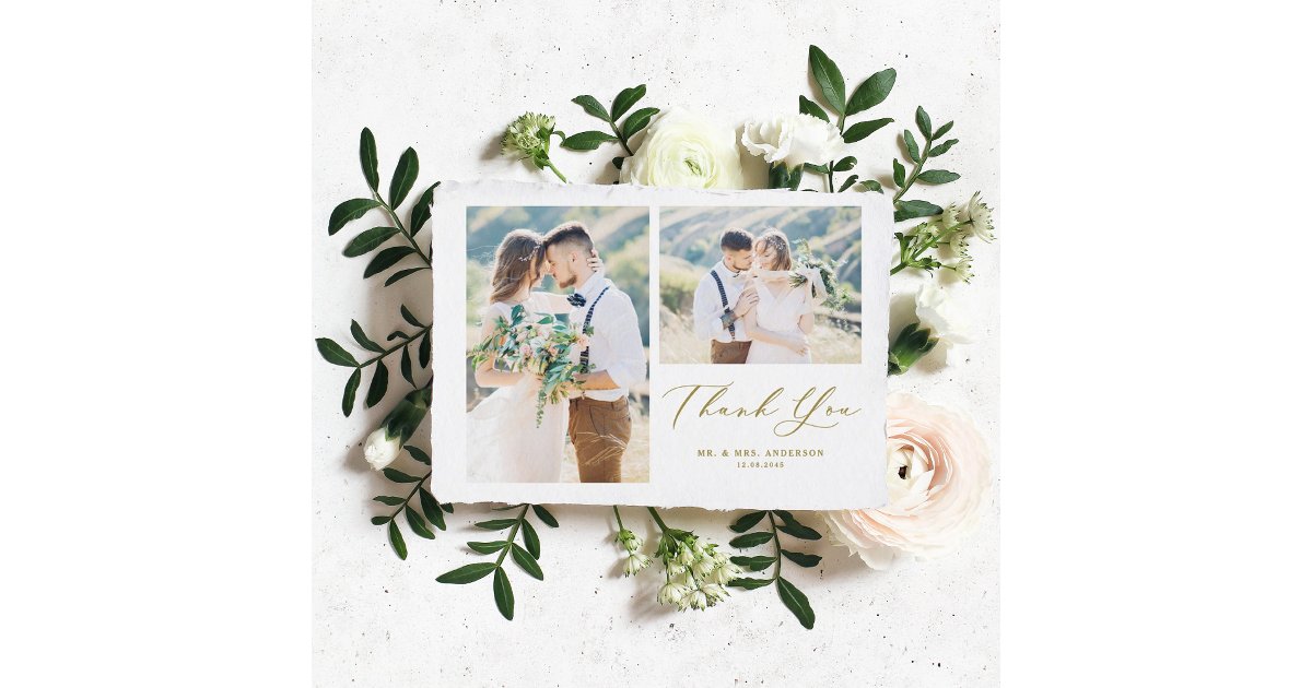 Whimsical Calligraphy Gold Photo Collage Wedding Thank You Card | Zazzle