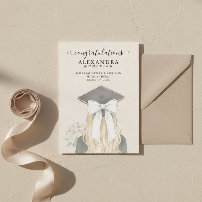 Whimsical Calligraphy Graduation Bow Photo Announcement (Whimsical Calligraphy Graduation Bow Photo Announcement)
