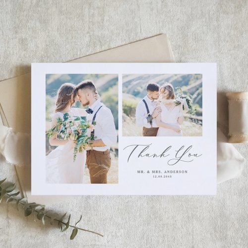 Whimsical Calligraphy Gray Photo Collage Wedding Thank You Card