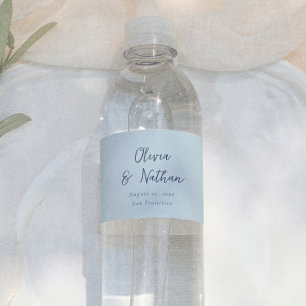 Whimsical Calligraphy Minimal Retro Blue Wedding Water Bottle Label
