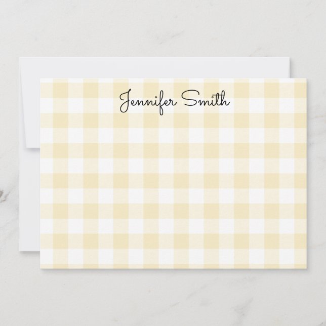 Whimsical Calligraphy Pastel Lemon Yellow Gingham Note Card (Front)
