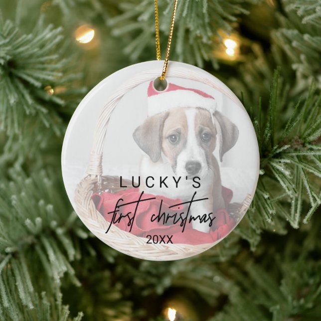 Whimsical Calligraphy Pet Photo First Christmas Ceramic Ornament (Tree)