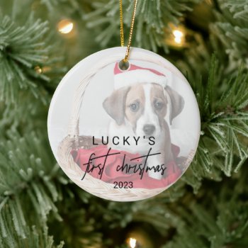 Whimsical Calligraphy Pet Photo First Christmas Ceramic Ornament by ChristmasPaperCo at Zazzle