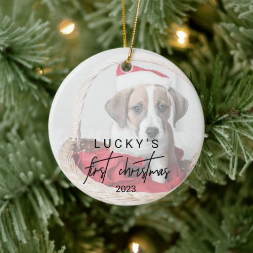 Whimsical Calligraphy Pet Photo First Christmas Ceramic Ornament