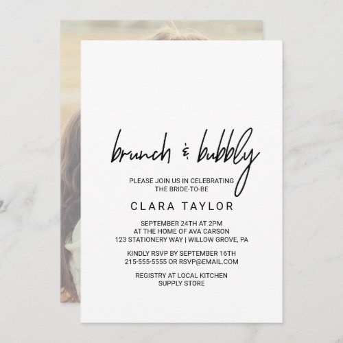 Whimsical Calligraphy Photo Back Brunch  Bubbly Invitation