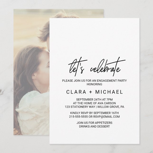 Whimsical Calligraphy Photo Back Let's Celebrate Invitation (Front/Back)