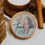 Whimsical Calligraphy | Photo Back Thank You Favor Classic Round Sticker<br><div class="desc">These whimsical calligraphy photo back thank you favor stickers are perfect for a modern wedding. The design features elegant yet rustic typography with your photo in the background. Personalize the sticker labels with your names, and the date. These stickers can be used for a wedding reception, bridal shower, or any...</div>