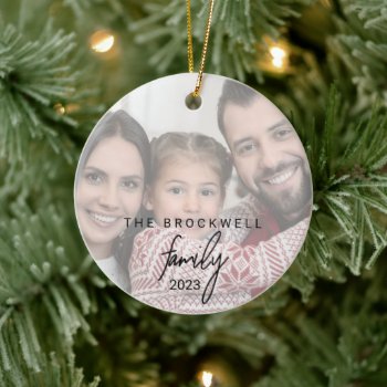 Whimsical Calligraphy Photo Family Christmas Ceramic Ornament by ChristmasPaperCo at Zazzle