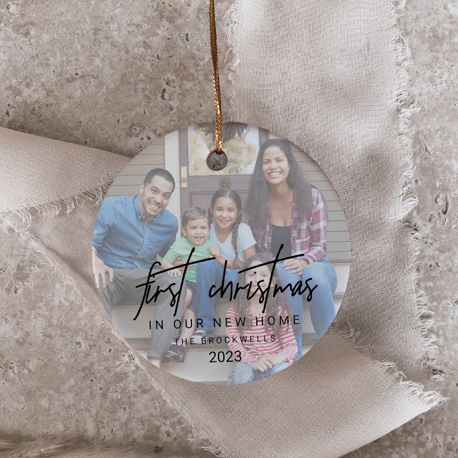 Whimsical Calligraphy Photo New Home Christmas Ceramic Ornament (Creator Uploaded)