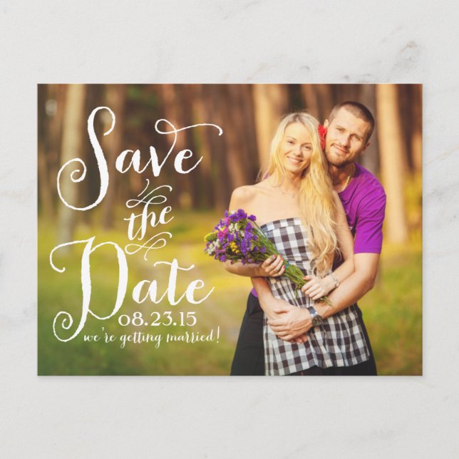 Whimsical Calligraphy Photo Save the Date Postcard (Front)