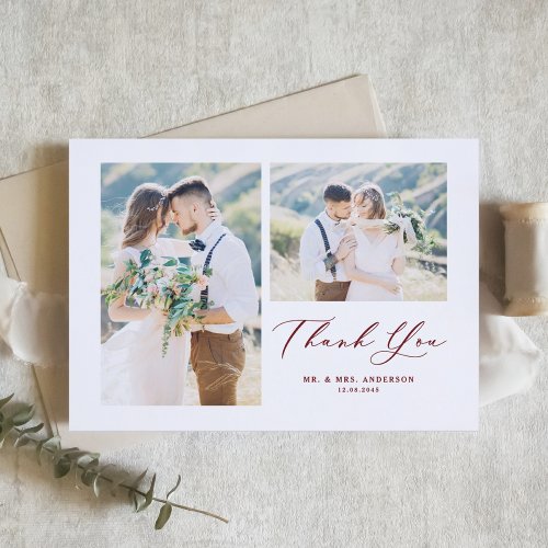 Whimsical Calligraphy Red Photo Collage Wedding Thank You Card