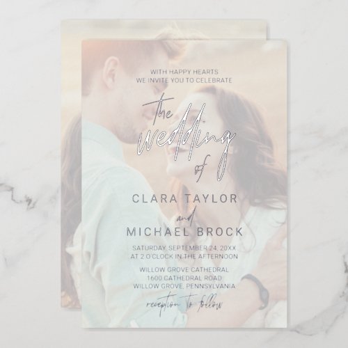 Whimsical Calligraphy  Silver Foil Photo Wedding  Foil Invitation
