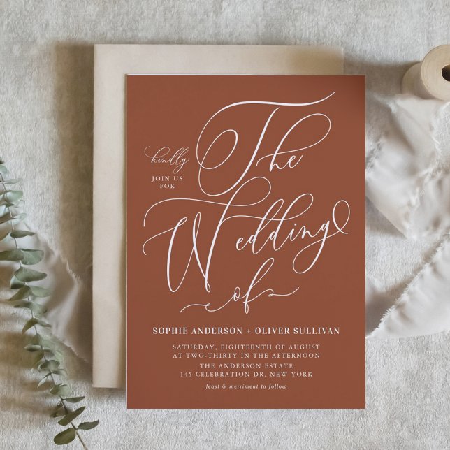 Whimsical Calligraphy Terracotta Wedding Invitation Postcard (Whimsical Calligraphy Terracotta Wedding Invitation and RSVP Postcard)