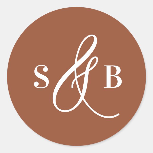 Whimsical Calligraphy Terracotta Wedding Monogram Classic Round Sticker (Front)