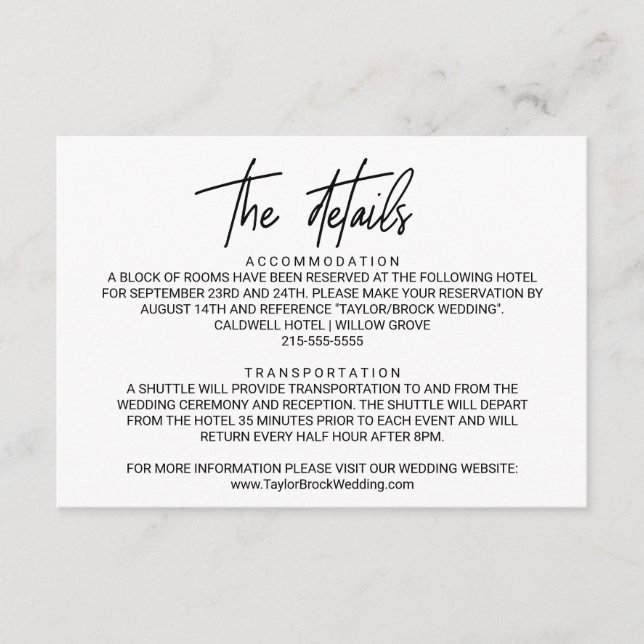 Whimsical Calligraphy Wedding Details Card (Front)