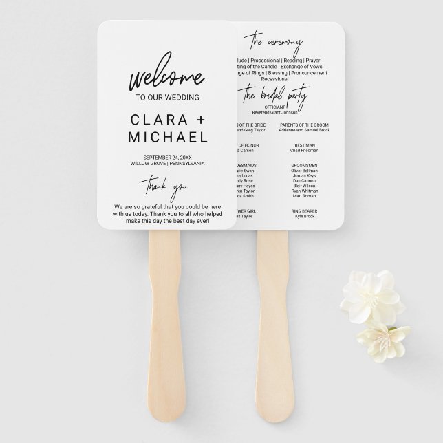 Whimsical Calligraphy Wedding Program Hand Fan (Front and Back)