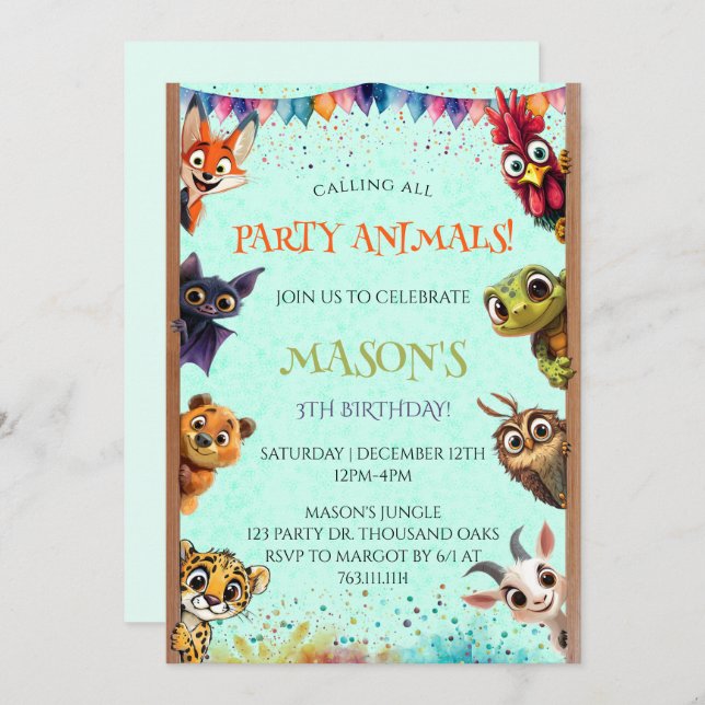 Whimsical Calling All Party Animals Birthday Invitation (Front/Back)
