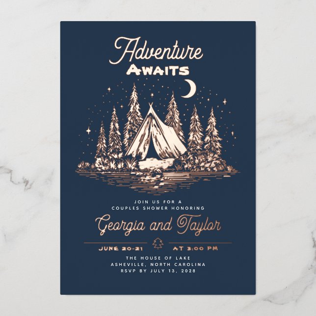 Whimsical Camping Couples Shower Adventure Awaits Foil Invitation (Front)