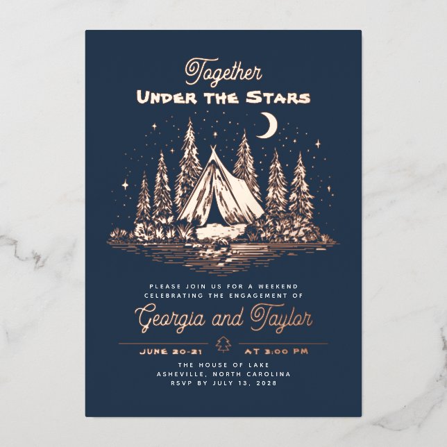 Whimsical Camping Under the Stars Engagement Party Foil Invitation (Front)