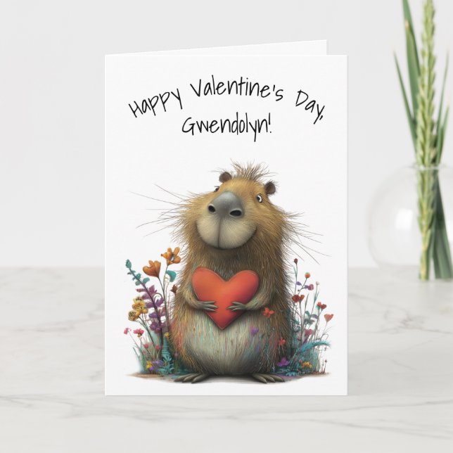 Whimsical Capybara Happy Valentine's Day Card (Front)