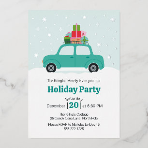 Whimsical Car with Christmas Gifts in Turquoise Foil Invitation