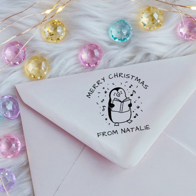 Whimsical Carol Singing Penguin Merry Christmas Self-inking Stamp (Creator Uploaded)