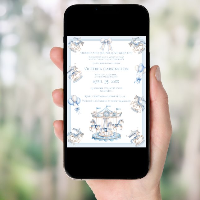 Whimsical Carousel Blue Boy Baby Shower Invitation (Front Digital)
