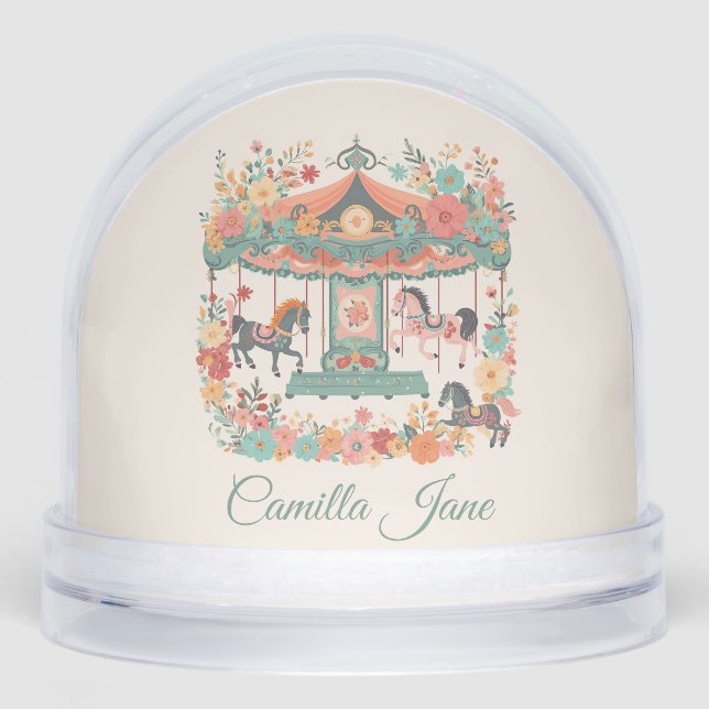 Whimsical Carousel Girls First Birthday Gift Snow Globe (Front)