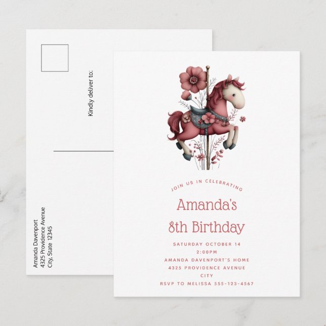 Whimsical Carousel Horse Image Birthday Invitation Postcard (Front/Back)
