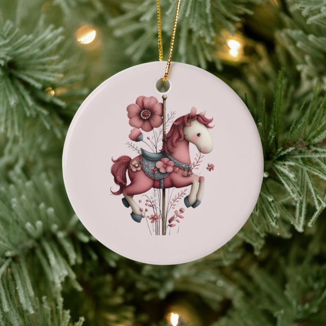 Whimsical Carousel Horse Image Ceramic Ornament (Tree)