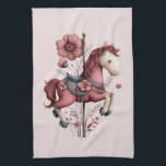 Whimsical Carousel Horse Image Kitchen Towel<br><div class="desc">A kitchen towel with a cute retro style carousel horse. Drawn in Pretty pink colors with fancy flowers.</div>