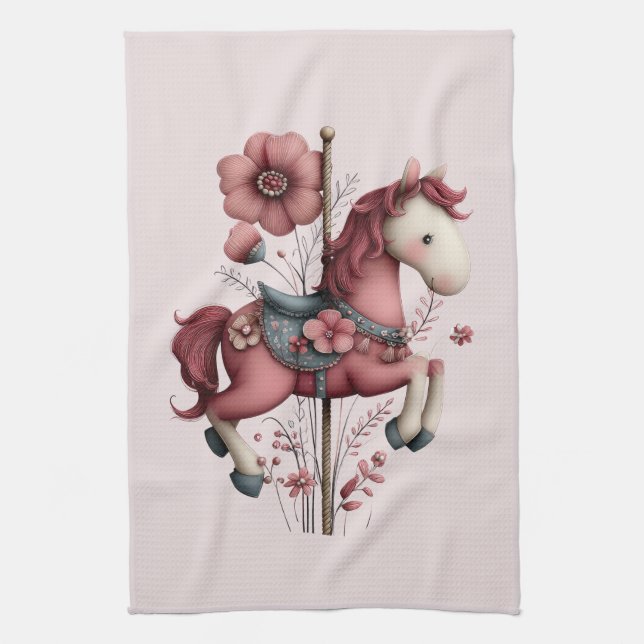Whimsical Carousel Horse Image Kitchen Towel (Vertical)