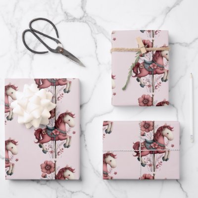 Whimsical Carousel Horse Image Pattern Wrapping Paper Sheets