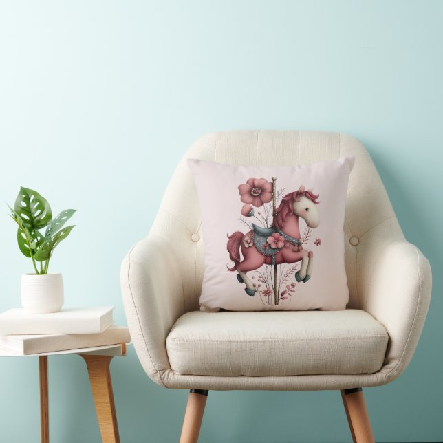 Whimsical Carousel Horse Image Throw Pillow (Chair)
