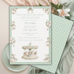 Whimsical Carousel Sage Green Baby Shower Invitation