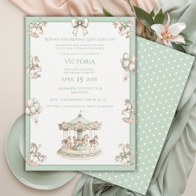 Whimsical Carousel Sage Green Baby Shower Invitation (Creator Uploaded)