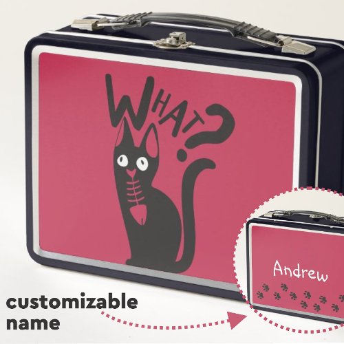 Whimsical Cartoon Black Cat Joke On Magenta  Metal Lunch Box