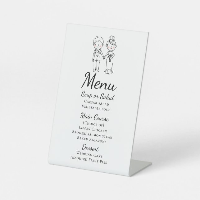 Whimsical Cartoon Bride Groom Boho Wedding Menu Pedestal Sign (Front)