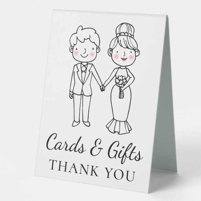 Whimsical Cartoon Bride Groom Cards Gifts Wedding Table Tent (Front)