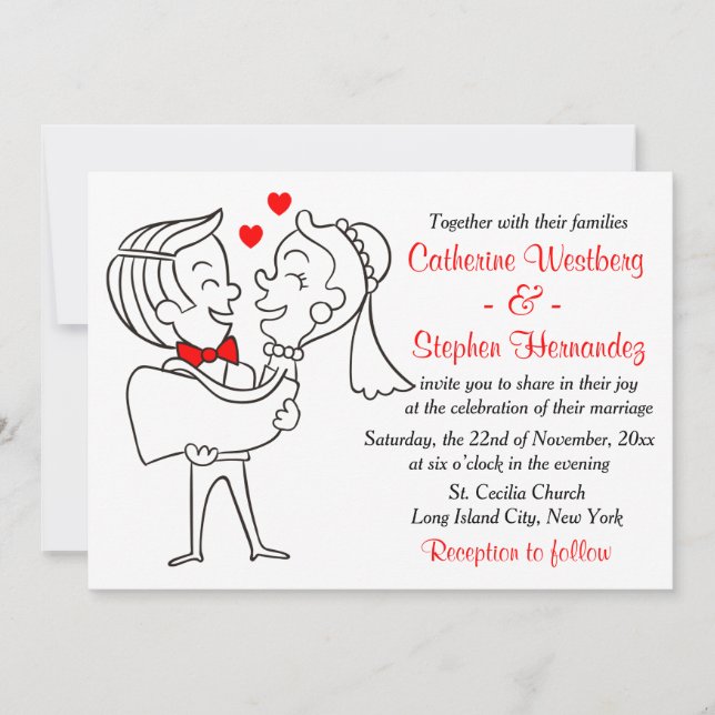 Whimsical Cartoon Bride & Groom Red, White Wedding Invitation (Front)