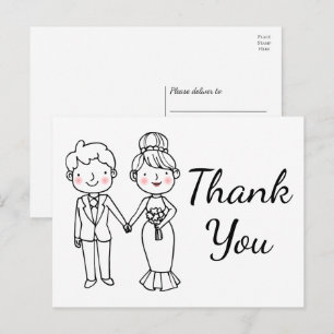 Whimsical Cartoon Bride Groom Wedding Thank You Postcard
