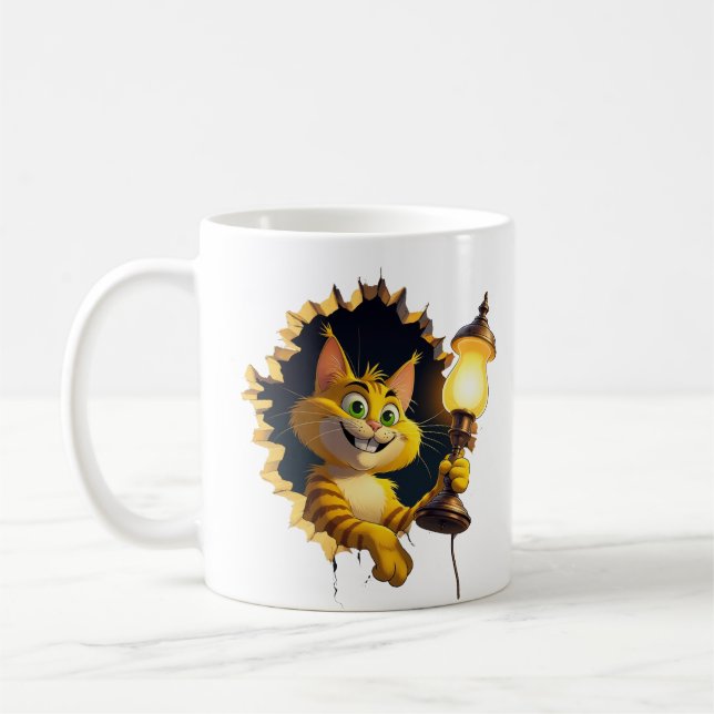 Whimsical Cartoon Cat Holding a Lamp Through a Wal Coffee Mug (Left)