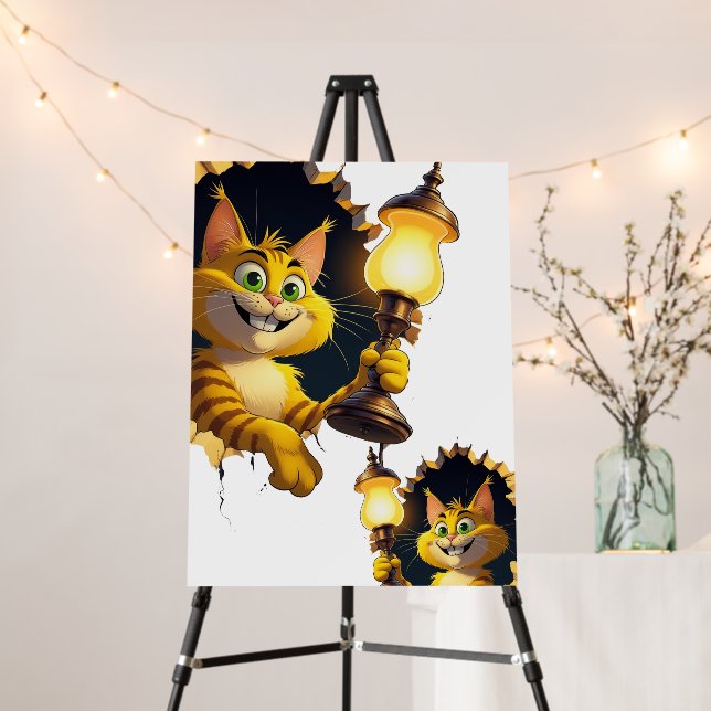 Whimsical Cartoon Cat Holding a Lamp Through a Wal Foam Board (In Situ (Stand))