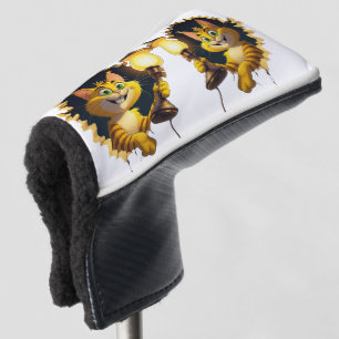 Whimsical Cartoon Cat Holding a Lamp Through a Wal Golf Head Cover