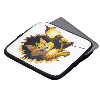 Whimsical Cartoon Cat Holding a Lamp Through a Wal Laptop Sleeve