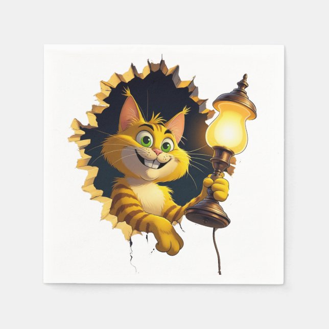 Whimsical Cartoon Cat Holding a Lamp Through a Wal Napkins (Front)