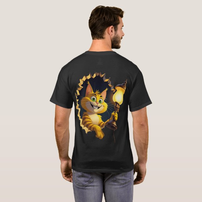 Whimsical Cartoon Cat Holding a Lamp Through a Wal T-Shirt (Back Full)